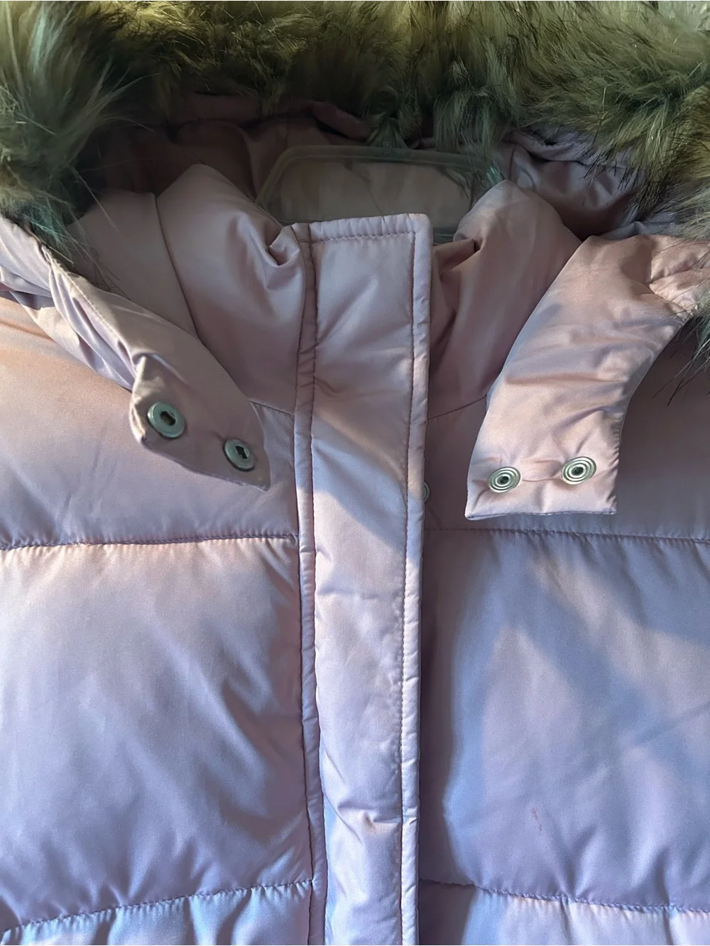 GAP Kids Dusty Pink Long Puffer Coat with Faux Fur Trim